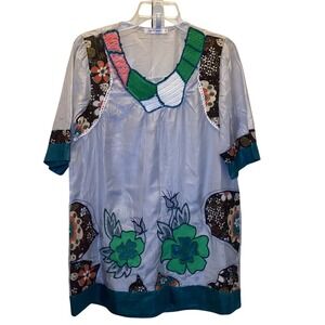 Soft Comfort Silver Boho Tunic Top Crochet Neck Floral Patchwork Embroidered M